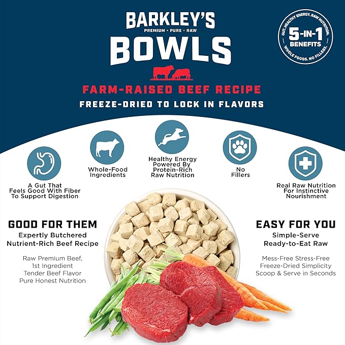 Barkley’s Bowls, Freeze-Dried Raw Beef Dog Food, Fresh Whole Food Ingredients with Farm-Raised Beef, Grain Free, High Protein for Balanced Nutrition, Dog Treats or Topper, 16 Oz Bag (3 Pack)
