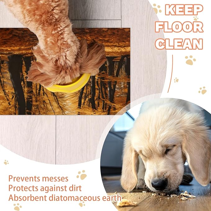 Autumn Trees Dog Food Mat for Floors Absorbent, Quick Dry Water Dispenser Mat for Food, Water, Pet Supplies 24" x 32", Maple Leaf