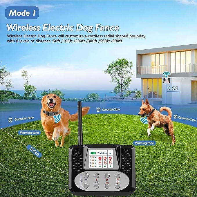 Wireless Dog Fence, Electric Dog Fence & Remote Training Collar 2 in 1, Vibration & Shock, IP67 Waterproof Receiver, 3 Modes, 2026 Pet Boundary Containment System for 1/2/3/4 Dogs,for4dogs