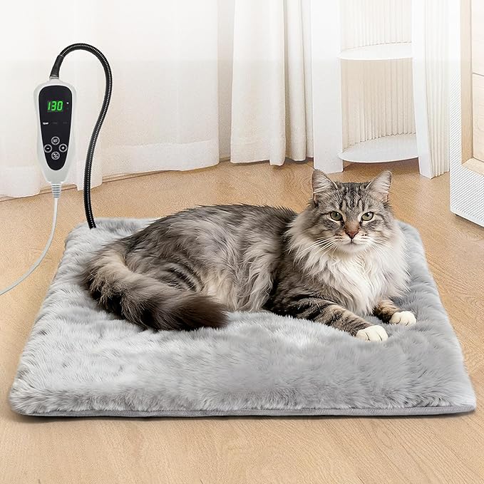 Cat Heating Pad 19x18 in with Smart Thermostat Switch and Power Line Protection Tube,Obtained MET and UL Dual Certification,Waterproof Pet Heating Pad for Cats, Long Velvet Cloth Cover