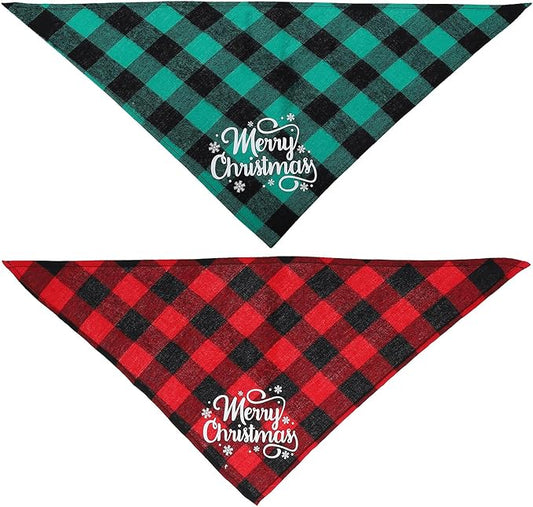 2pcs Christmas Plaid Dog Scarves with Xmas Triangle Bibs, Cotton Pet Bandanas for Small to Medium Dogs, Festive Holiday Supplies for Winter Celebration