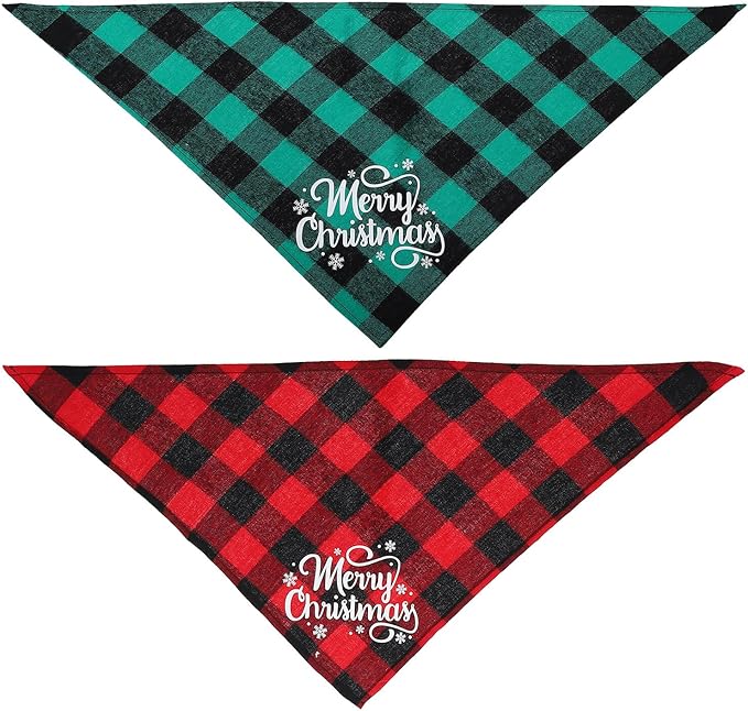 Happyyami 2pcs Christmas Plaid Dog Scarves, Triangle Pet Bibs with Red and Green Xmas Print, Festive Bandanas for Small to Medium Dogs, Holiday Pet Supplies