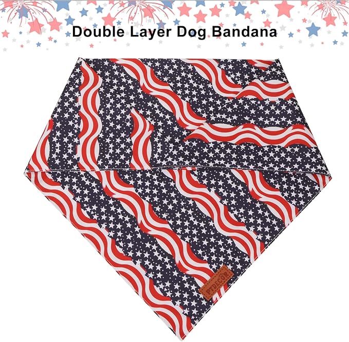 PTDECOR American Flag Dog Bandana, Striped Stars Flag 4th of July Pet Scarf, Premium Durable Fabric, Adjustable Triangle Patriotic Bandanas for Medium Large Dogs Pets (Large)
