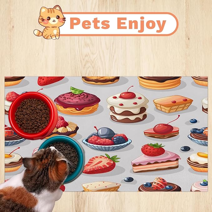Dessert Theme Dog Food Mat for Floors Absorbent Dog Bowl Mat for Food and Water Dispenser Quick Dry Cat Food Placemat Pet Supplies 16" x 24", Colorful Cake