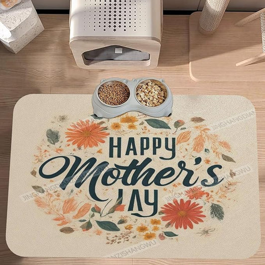 Pet Feeding Mats with Residue Collection Happy Mother's Day Floral Gift for Mom Ba Waterproof Dog Cat Bowl Mat 24x16In with Prevent Water Food Spills