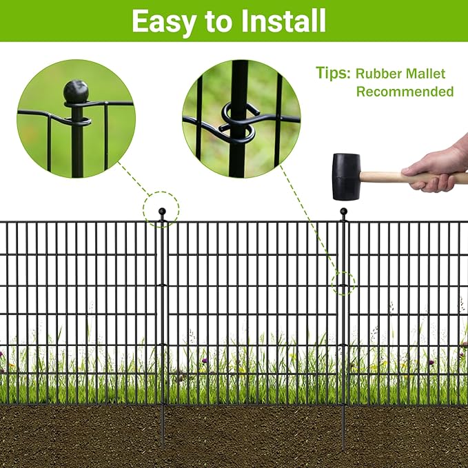 8 Panels No Dig Decorative Outdoor Garden Fence with Gate for Yard, 48 in(H) X 21 ft(L) Animal Barrier Fencing Rustproof Metal Wire Panel Border for Dog, Rabbits, and Patio Temporary Ground Stakes