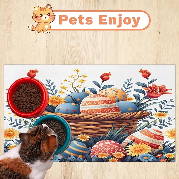 Happy Easter Dog Food Mat for Floors Absorbent Dog Bowl Mat for Food and Water Dispenser Quick Dry Cat Food Placemat Pet Supplies 24" x 32", Spring Flower