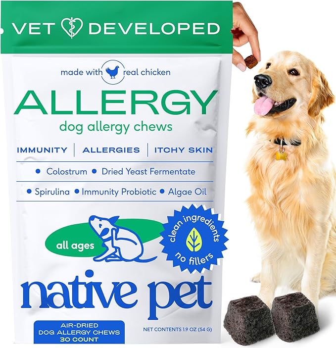 Native Pet Dog Allergy Chews - Dog Allergy Relief with Probiotics and Colostrum for Itchy Skin Relief to Support Seasonal Allergy and Healthy Immune System - All Natural Anti-Histamine - 30 Chews