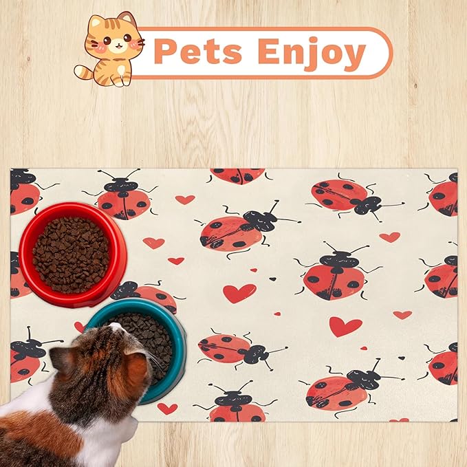 Red Ladybird Dog Food Mat for Floors Absorbent, Quick Dry Water Dispenser Mat for Food, Water, Pet Supplies 12" x 20", Red Love