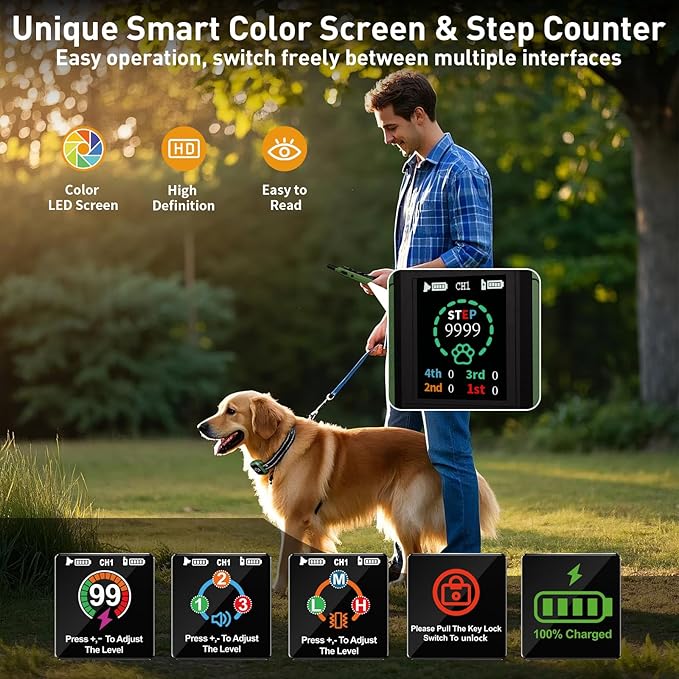 Dog Training Collar with Remote - Upgraded 5 Modes with Step Counting & Light Dog Shock Collar 3300FT IP67 Waterproof Rechargeable E-Collar for Large Medium Small Dogs (Green)
