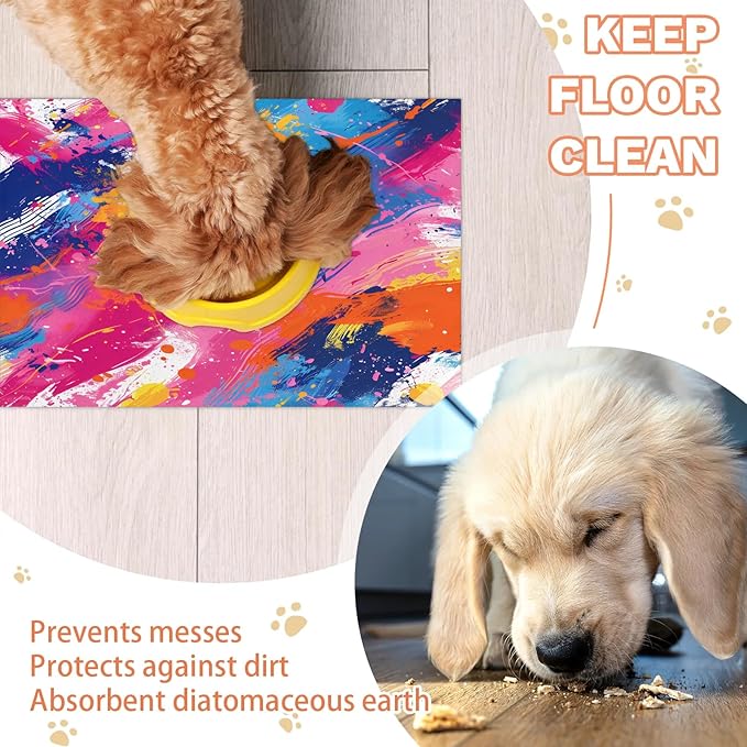 Colorful Graffiti Dog Food Mat for Floors Absorbent Dog Bowl Mat for Food and Water Dispenser Quick Dry Cat Food Placemat Pet Supplies 12" x 20", Abstratc Graffiti