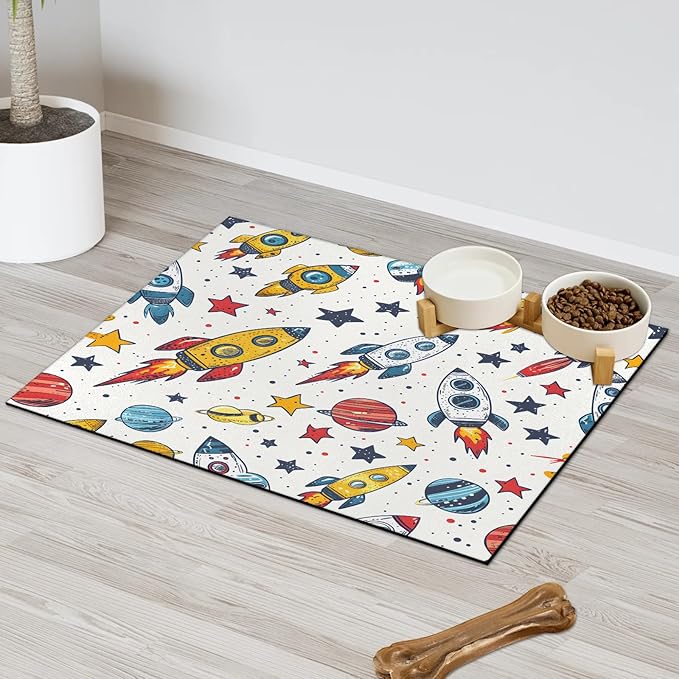 Rocket Dog Food Mat for Floors Absorbent, Quick Dry Water Dispenser Mat for Food, Water, Pet Supplies 24" x 32", Outer Space