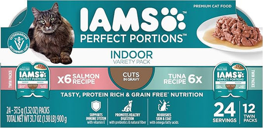 IAMS Perfect Portions Grain Free Wet Cat Food, Indoor Adult Cat Food Wet Cuts in Gravy, Variety Pack: Tuna & Salmon Recipe, 1.98 lb. (Pack of 1) Twin-Pack Trays