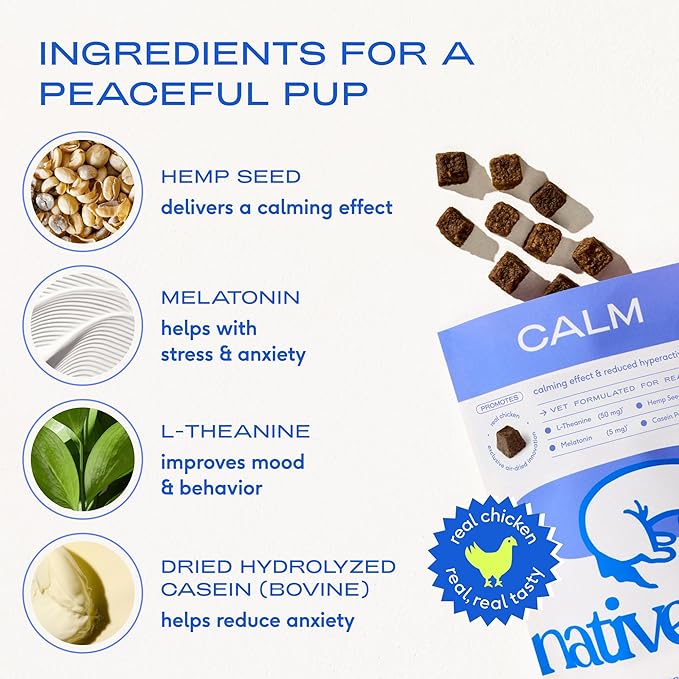 Native Pet Calming Chews for Dogs - Melatonin for Dogs Anxiety Relief - Grain Free All Natural Hemp Calming Treats & L-Theanine Helps Manage Stress & Separation Anxiety - Puppy Sleep Aid - 90 Chews