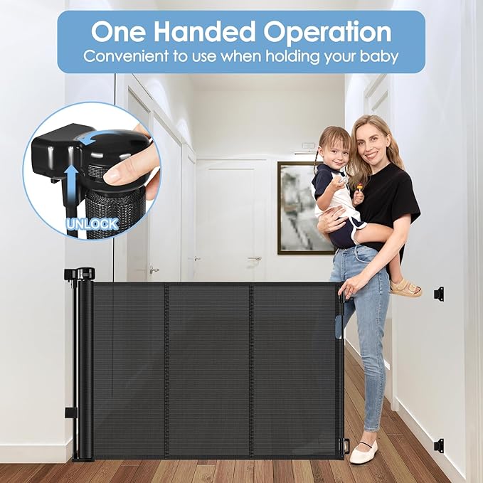Reinforced 75” Wide Retractable Baby Gates with Support Rods, Retractable Dog Gate for The House Extra Wide Mesh Pet Gate Indoor Outdoor Child Gates for Doorways Stair Gates for Kids or Pets (Black)