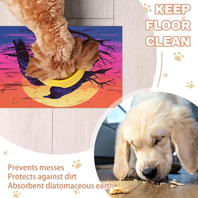 Halloween Crow Dog Food Mat for Floors Absorbent, Quick Dry Water Dispenser Mat for Food, Water, Pet Supplies 16" x 24", Full Moon