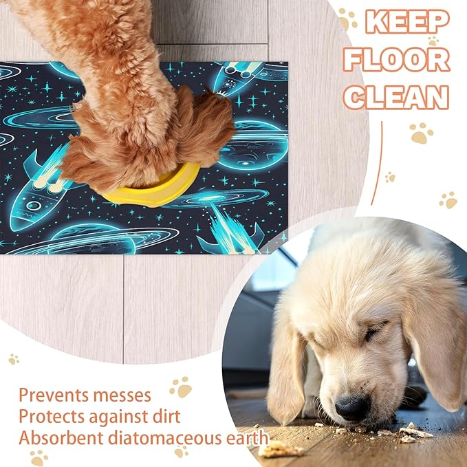 Cartoon Spaceship Dog Food Mat for Floors Absorbent, Quick Dry Water Dispenser Mat for Food, Water, Pet Supplies 12" x 20", Outer Space