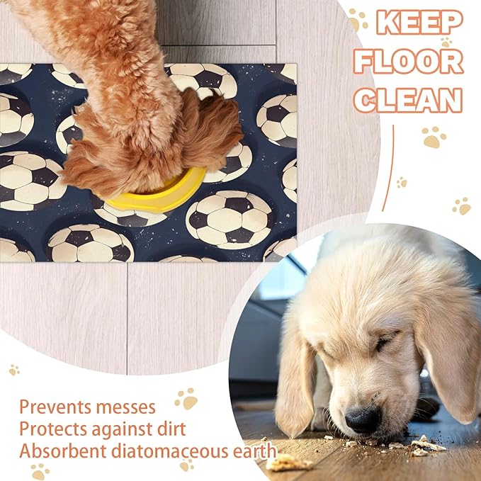 Football Soccer Dog Food Mat for Floors Absorbent, Quick Dry Water Dispenser Mat for Food, Water, Pet Supplies 17" x 30", Sports Game