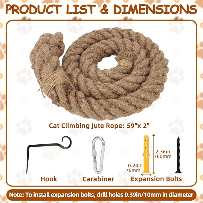 2" x 4.92Ft Cat Climbing Rope with Hook, Natural Cat Climbing Jute Rope for Wall Mounted, Durable Sisal Ropes for Indoor and Outdoor Cats Scratching Playing