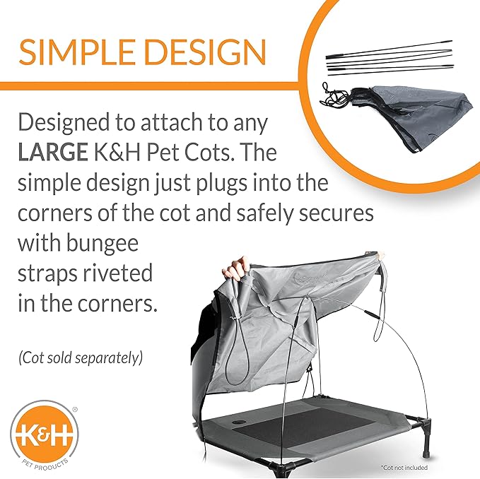 K&H Pet Products Outdoor Elevated Dog Cot Canopy, Cooling Sun Tent Shades Pets, Washable, Water-Resistant, Designed to Fit K&H Large Elevated Dog Cots (Sold Separately) - Large 42 X 30in Gray
