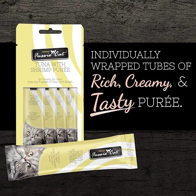 Fussie Cat Tuna with Shrimp Puree, lickable cat Treats, 0.5oz Pouch Pack of 4