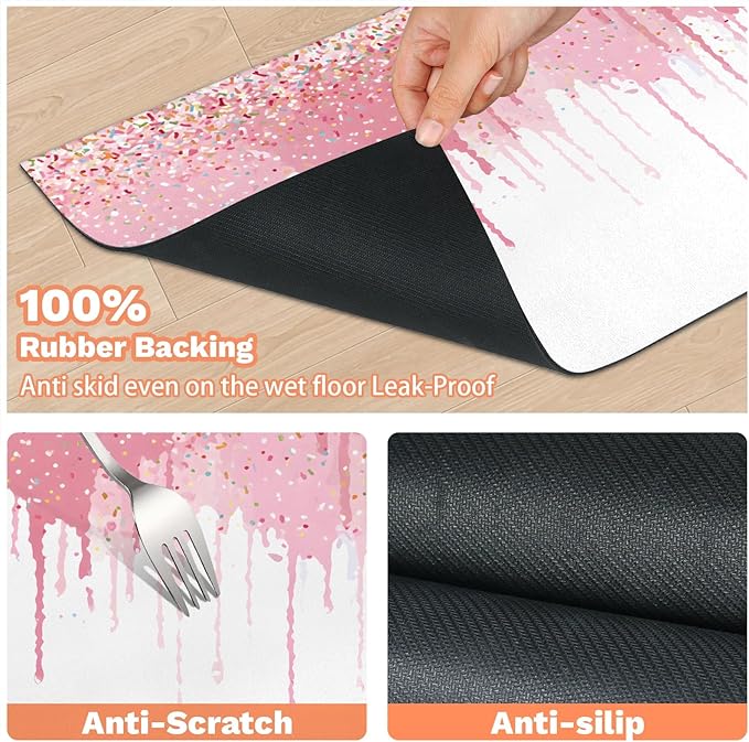 Ice Cream Dog Food Mat for Floors Absorbent Dog Bowl Mat for Food and Water Dispenser Quick Dry Cat Food Placemat Pet Supplies 24" x 32", White Pink Cream