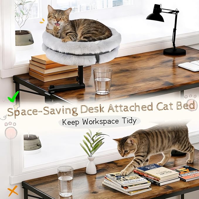 Cat Bed for Desk 360° Rotating, Cat Desk Bed with Adjustable Height, Removable Desk Mounted Kitty Bed with Soft Fur, Desktop Cat's Hammock Supports 33 lbs for Table Home Office Indoor