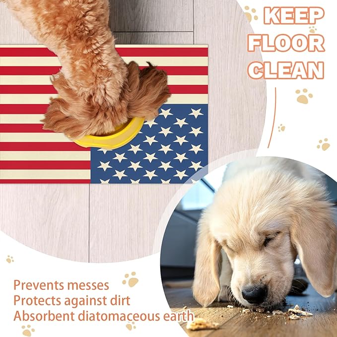 American Flag Dog Food Mat for Floors Absorbent Dog Bowl Mat for Food and Water Dispenser Quick Dry Cat Food Placemat Pet Supplies 12" x 20", USA Flag