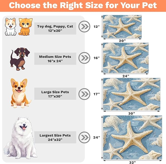 Starfish Dog Food Mat for Floors Absorbent Dog Bowl Mat for Food and Water Dispenser Quick Dry Cat Food Placemat Pet Supplies 17" x 30", Beach Seashells