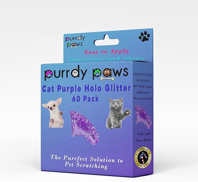 Soft Nail Caps 60 Packs for Cats - Purple Holographic Glitter Large
