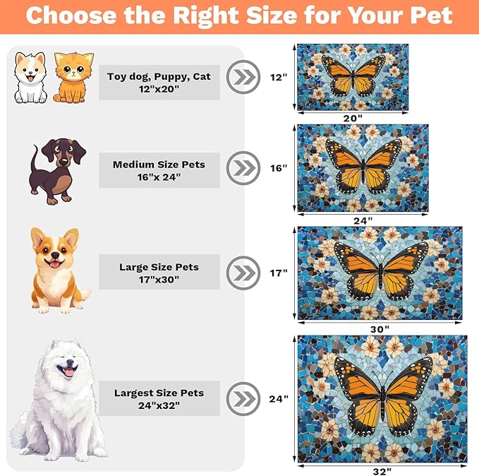 Butterfly Dog Food Mat for Floors Absorbent, Quick Dry Water Dispenser Mat for Food, Water, Pet Supplies 12" x 20", Colorful Floral