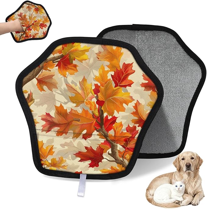 Fall Leaf Electrostatic Pet Hair Removal Glove for Cats & Dogs - Reusable Grooming Mitt for Couch, Carpet, Car Seat & Laundry - Large 9x9 Inch