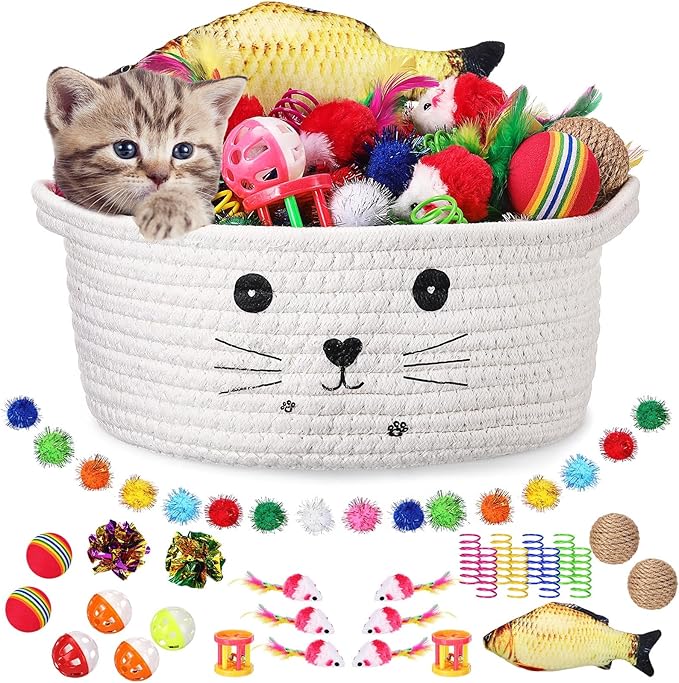 Zopeal 58 Pcs Easter Cat Storage Basket Gift Toys Set, Colorful Flashing Balls Pet Bell Crinkle Balls Spring Toys Attract Cat to Swat, Hunt, Interactive for Pet(White,9.8 Inch)