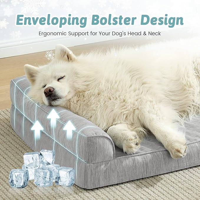 Cooling Dog Bed, Orthopedic Foam Dog Bed with Sides, Removable Cover & Waterproof Lining and Nonskid Bottom, Comfortable Pet Beds for Dogs, Grey (42" L x 30" W x 7" Th)
