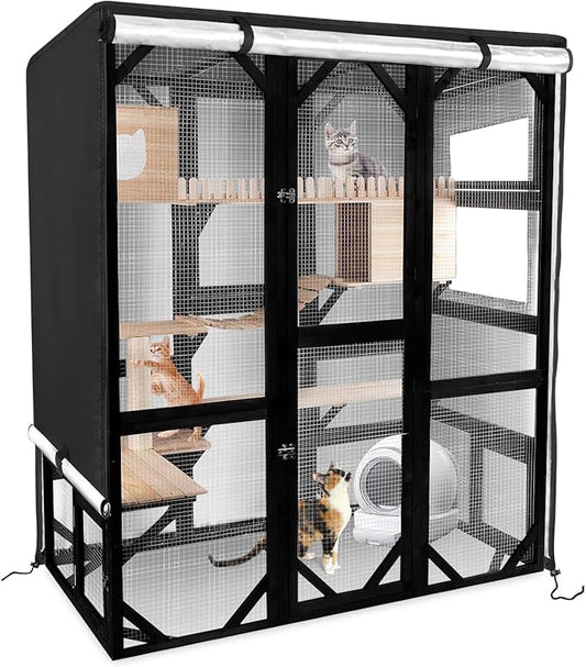 Catio Cover,65"L x 34.5"W x 74"H Cover for Catio Outdoor Cat Enclosure Waterproof, 420D Cat Cage Covers for FunXplore Large Catios, Outdoor Cats Enclosure Covers(Black)(Catios Not Included)
