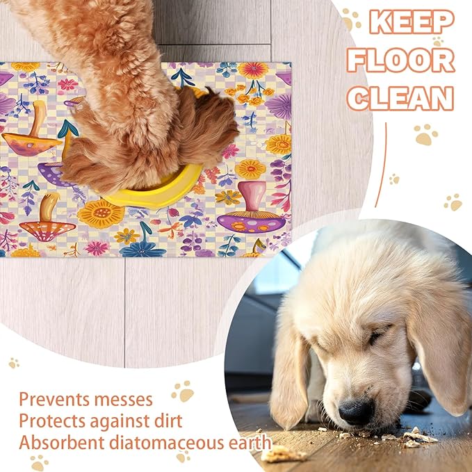 Boho Mushrooms Dog Food Mat for Floors Absorbent Dog Bowl Mat for Food and Water Dispenser Quick Dry Cat Food Placemat Pet Supplies 16" x 24", Cute Flower