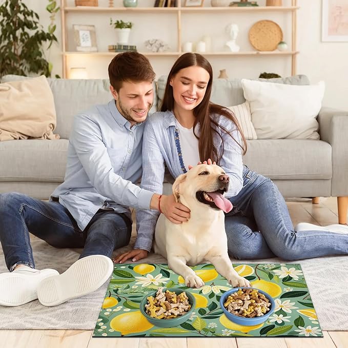 Lemon Dog Food Mat for Floors Absorbent Dog Bowl Mat for Food and Water Dispenser Quick Dry Cat Food Placemat Pet Supplies 24" x 32", Green Leaves Plant