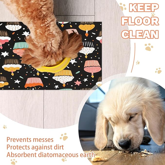 Birthday Cake Dog Food Mat for Floors Absorbent Dog Bowl Mat for Food and Water Dispenser Quick Dry Cat Food Placemat Pet Supplies 16" x 24", Starry Star