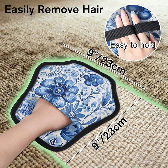 Reusable Pet Hair Removal Glove Blue Flowers Magic Brush for Cat & Dog Hair Remover for Car, Sofa, Bedding, Clothes - 9x9 Mitt Washable