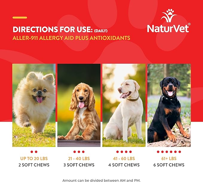 NaturVet Aller-911 Advanced Allergy Aid for Dogs, Cats – Antioxidant-Rich Pet Supplement with Omegas, DHA, EPA – Helps Support Dog Immune System, Cat Respiratory Health, Skin Moisture 180 Soft Chews