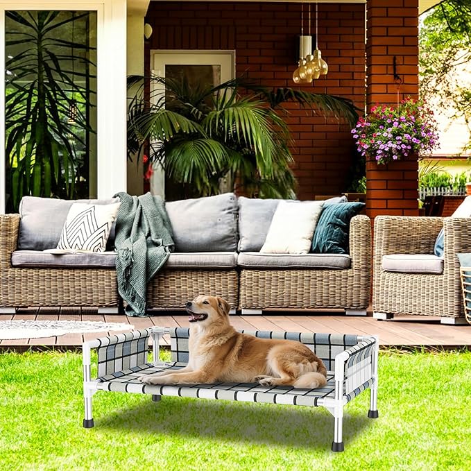 Elevated Raised Outdoor Dog Bed - Cooling Washable Dog Cot with Guardrail, Durable & Breathable Cotton Mesh Pet Hammock Beds with Stainless Steel Pipe Frame for Medium Pets (34'' x 20'' x 12'')