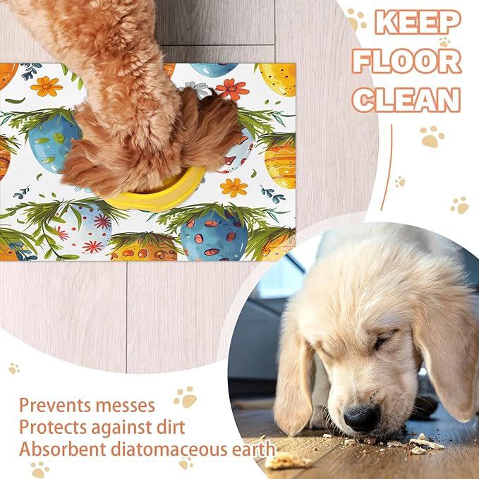 Easter Eggs Dog Food Mat for Floors Absorbent Dog Bowl Mat for Food and Water Dispenser Quick Dry Cat Food Placemat Pet Supplies 17" x 30", Leaf Flower