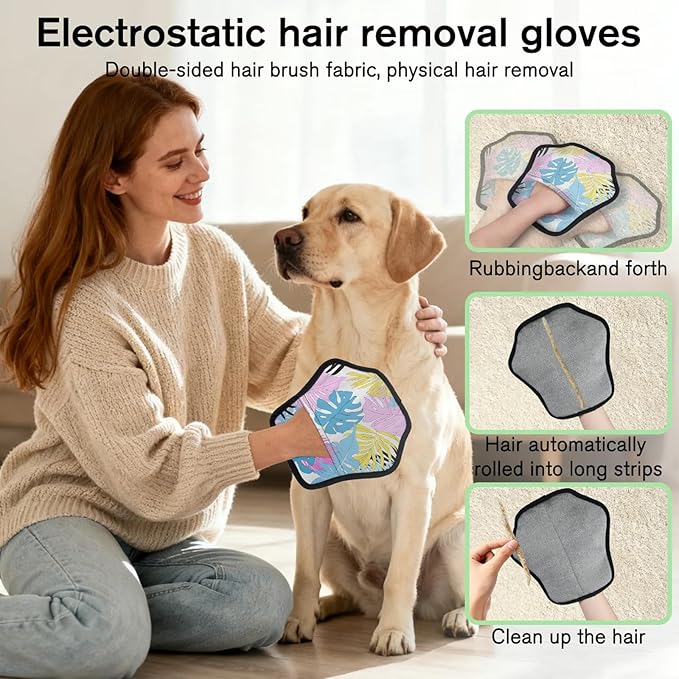 Colorful Palm Leaf Electrostatic Pet Hair Removal Glove for Cats & Dogs - Reusable Grooming Mitt for Couch, Carpet, Car Seat & Laundry - Large 9x9 Inch
