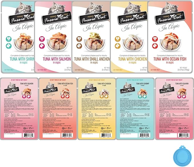 Fussie Cat Premium Wet Cat Food in Aspic (5 Pack) 2.47-oz Pouches, 5 Flavor Variety Pack+ lid