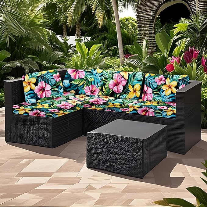 HANDONTIME 8Pcs Outdoor Patio Cushion Covers Multi Floral Stretch Couch Cushion Cover Patio Couch Slipcover for Outdoor/Indoor Washable Jungle Non-Slip Furniture Protector for Pet (Multi, Cover Only)