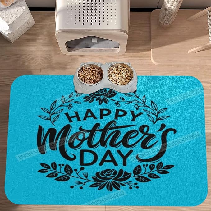 Dog Food Mat Happy Mother's Day Floral Gift for Mom Eq Absorbent Water Bowl Mats Cat Pet Feeding Placemats 18X12In