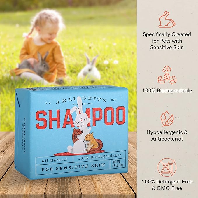 JR Liggett’s Natural Small Animal Shampoo Bar for Sensitive Skin - 100% Detergent Free, Non-GMO & Biodegradable - Tear-Free, Hypoallergenic Formula Soothes Dry Itchy Skin - 3.5 oz Bar