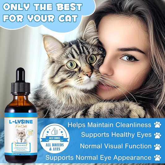 L-Lysine Liquid Drops for Cats - Chicken Flavor Immune Support & Respiratory Health Supplement with Echinacea & Vitamins - Helps Reduce Sneezing, Watery Eyes & Tear Stains, 60ml
