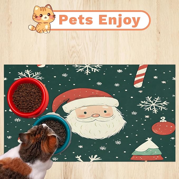 Merry Christmas Dog Food Mat for Floors Absorbent, Quick Dry Water Dispenser Mat for Food, Water, Pet Supplies 24" x 32", Santa Claus