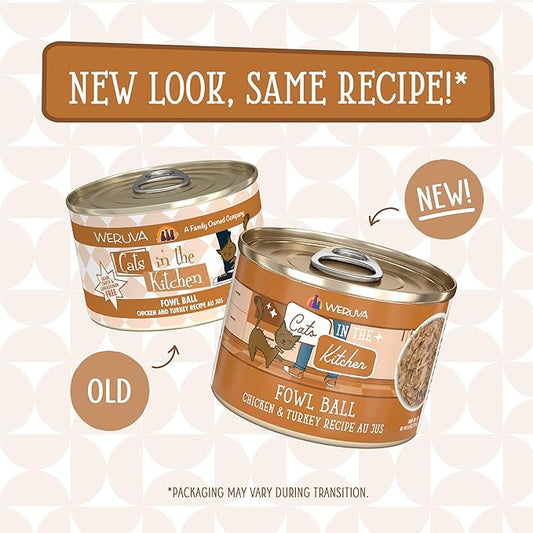 Weruva Cats in The Kitchen, Fowl Ball with Chicken & Turkey Au Jus Cat Food, 6oz Can (Pack of 24)